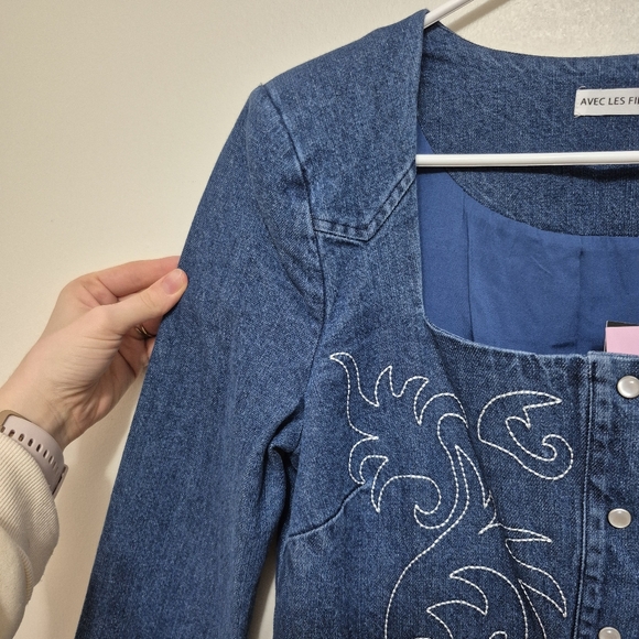 NWT Avec Les Filles Women's Western Embroidered Denim Mini Dress — Size 6 - Picture 4 of 9